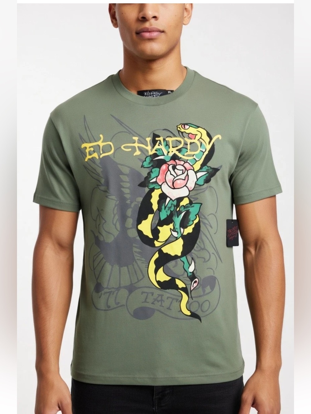 Ed Hardy Snake Rose Graphic‎ Print Cotton Jersey Mens Crew Neck T-Shirt Olive L